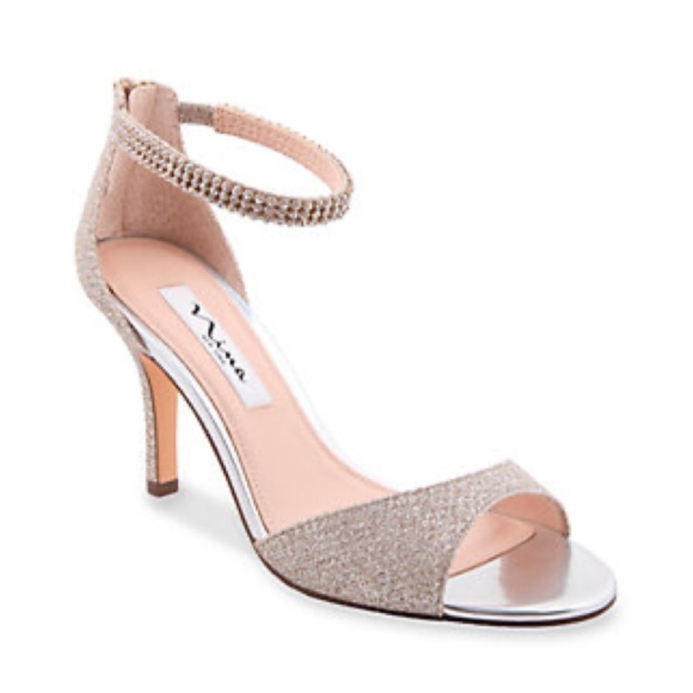 Nina Silver Champagne Glitter Rhinestone Ankle strap Formal open toe Heels sz 7